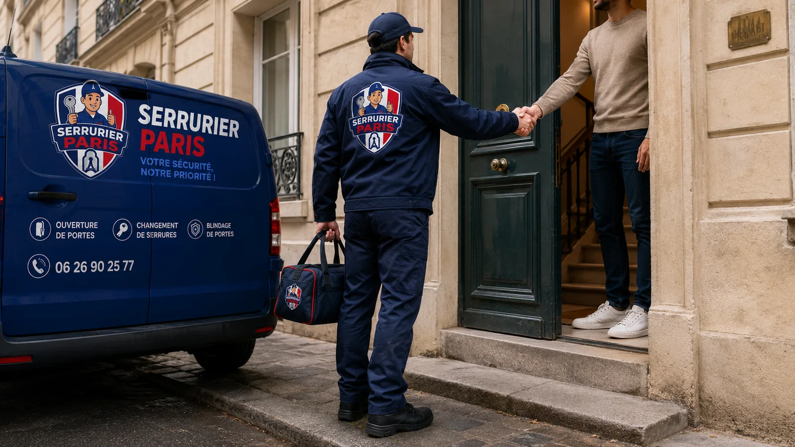 Arrivée d’un serrurier chez un client à Paris pour ouverture de porte