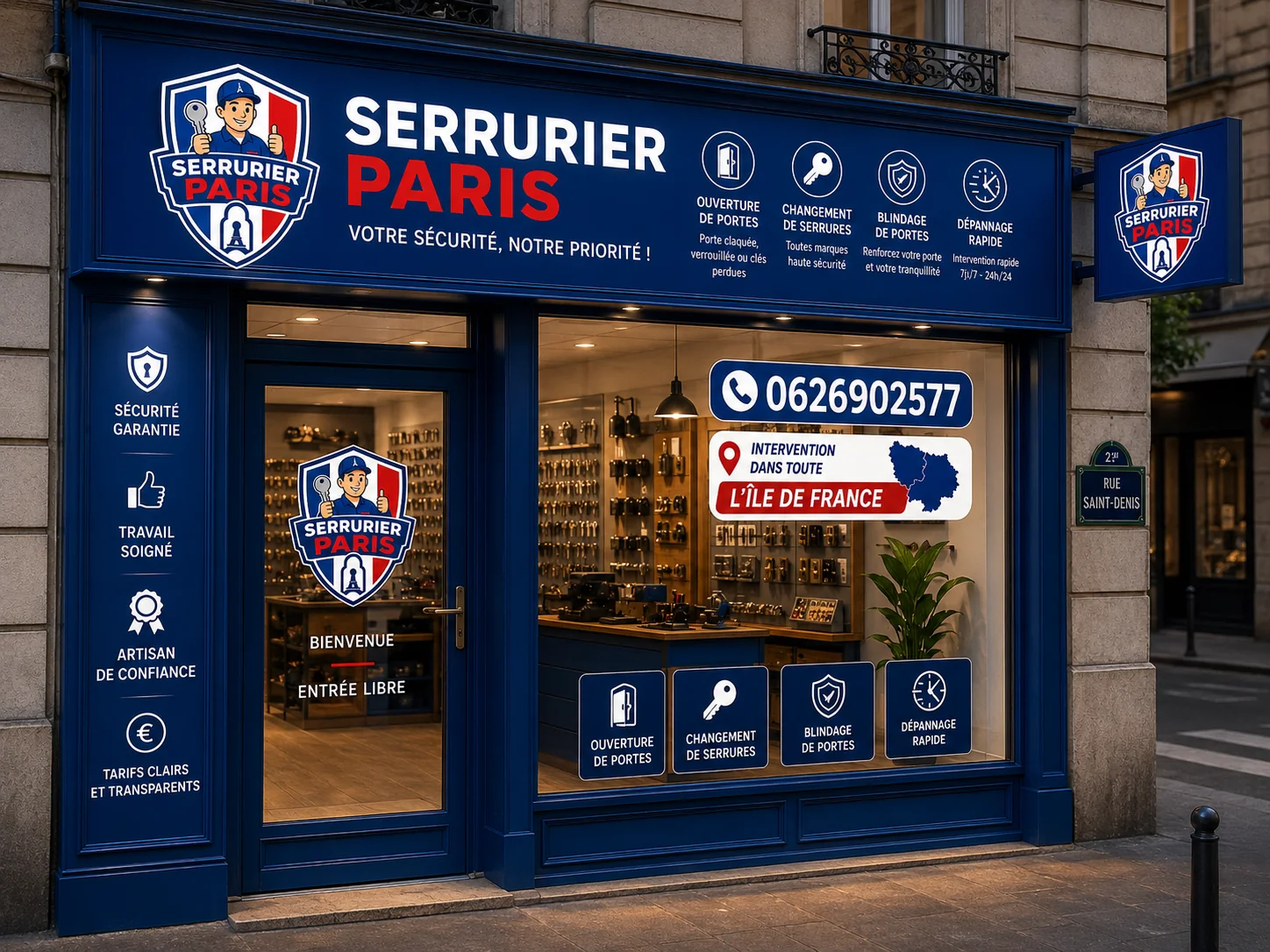Boutique Serrurier Paris et façade de serrurerie pour intervention dans le Paris 18e