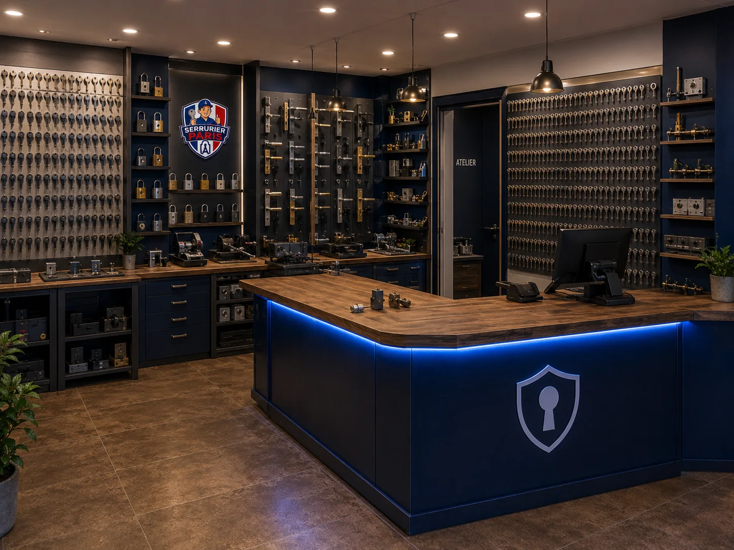 Intérieur de la boutique Serrurier Paris avec clés, cylindres et serrures pour le Paris 18e